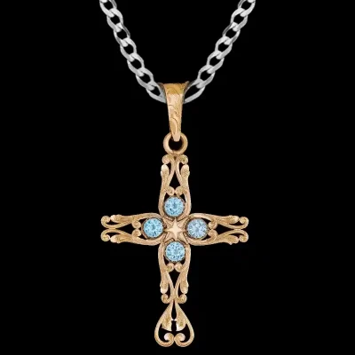 A custom bronze cross pendant necklace for men and women, western-inspired design. featuring bronze filgrane and zirconia stones